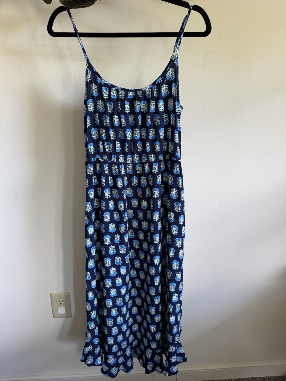 J.Crew Ruffle Midi Dress Blue Scandinavian Block Print Spaghetti Strap Pockets 6